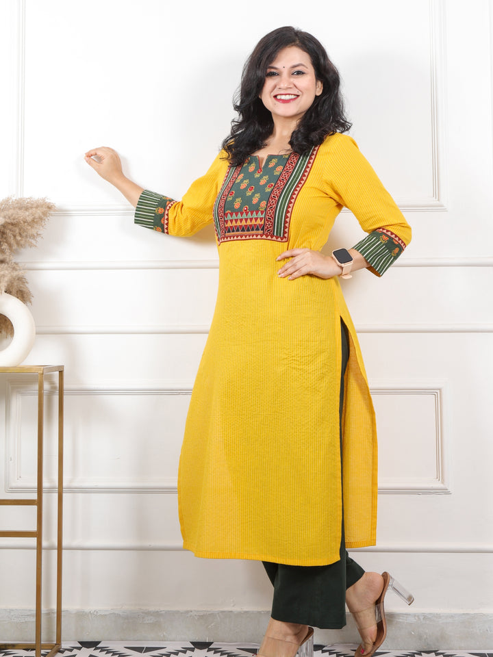 Rubiya Yellow with Green Ajrak Printed Patch Kantha Cotton Kurti-D4