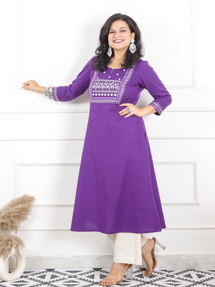 Ruksna Vibrant Purple Embellish Neck with Mirror in Cotton Flex Kurti