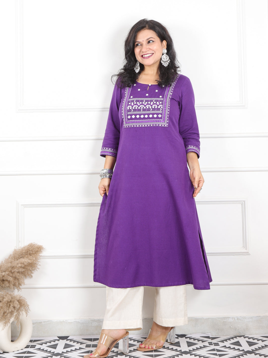 Ruksna Vibrant Purple Embellish Neck with Mirror in Cotton Flex Kurti