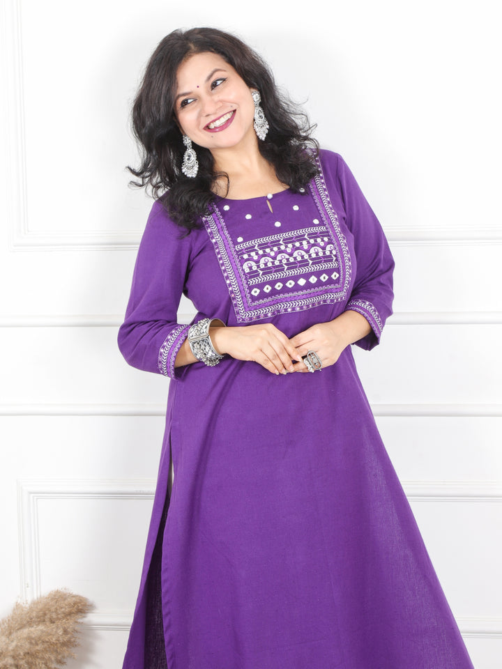 Ruksna Vibrant Purple Embellish Neck with Mirror in Cotton Flex Kurti