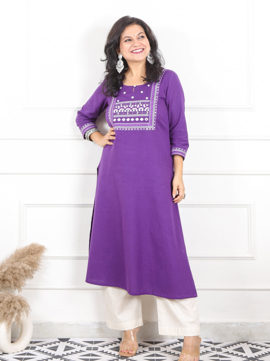 Ruksna Vibrant Purple Embellish Neck with Mirror in Cotton Flex Kurti