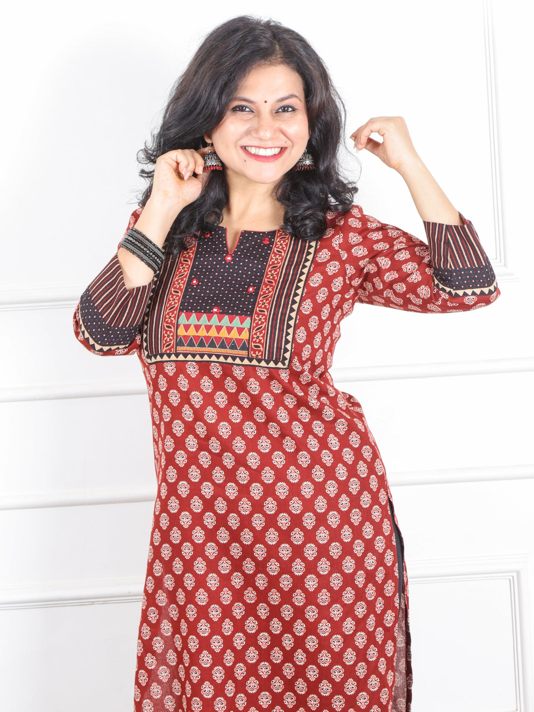 Rooh Ruby Red Kutch Neck Yock Work with Printed Cotton Kurti-D2