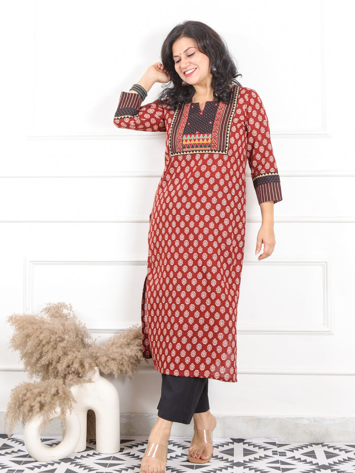 Rooh Ruby Red Kutch Neck Yock Work with Printed Cotton Kurti-D2