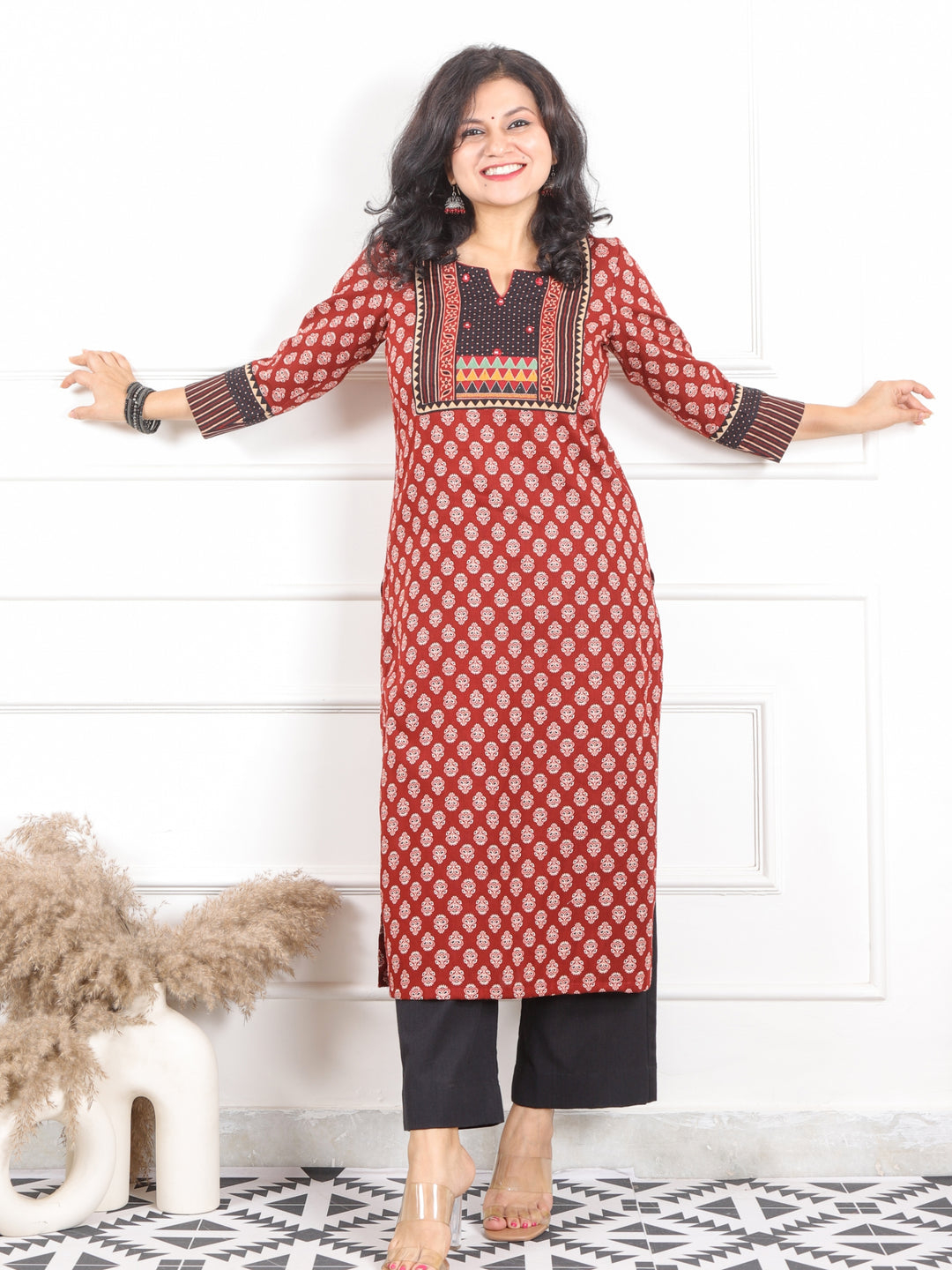 Rooh Ruby Red Kutch Neck Yock Work with Printed Cotton Kurti-D2