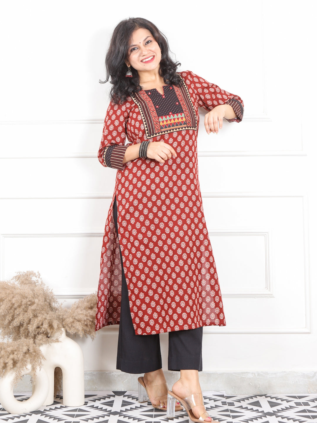 Rooh Ruby Red Kutch Neck Yock Work with Printed Cotton Kurti-D2