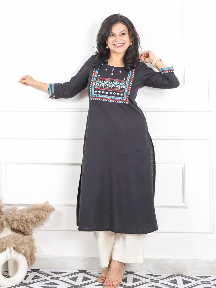 Ruksna Ebony Black Embellish Neck with Mirror in Cotton Flex Kurti