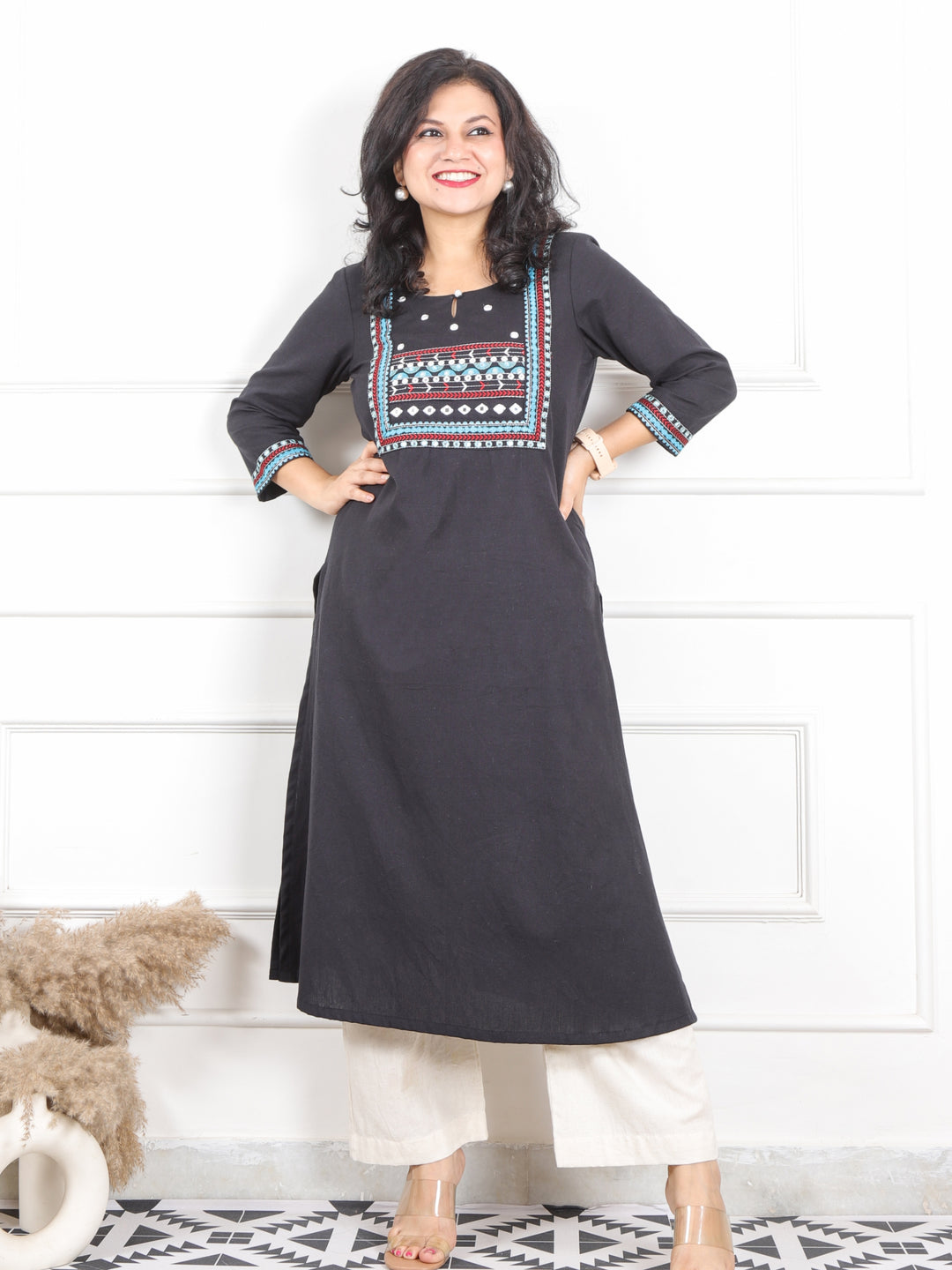 Ruksna Ebony Black Embellish Neck with Mirror in Cotton Flex Kurti