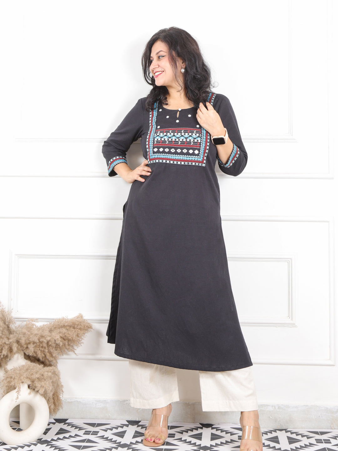 Ruksna Ebony Black Embellish Neck with Mirror in Cotton Flex Kurti