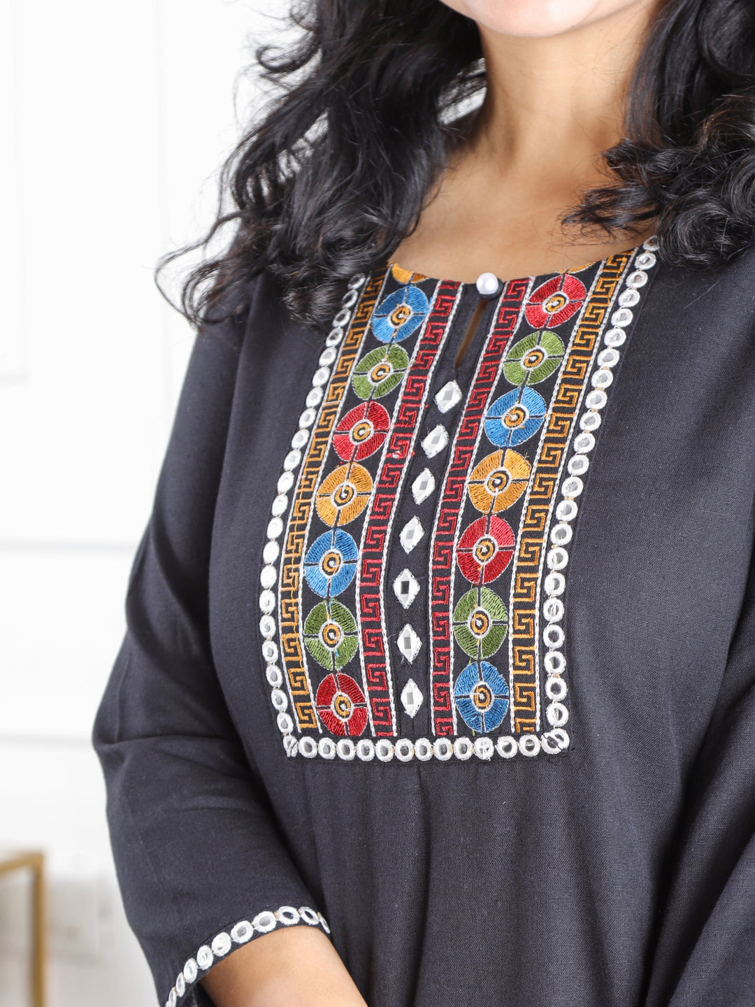 Rivaayi Coal Black Printed Kutch Patch Neck Cotton Flex Kurti-D2