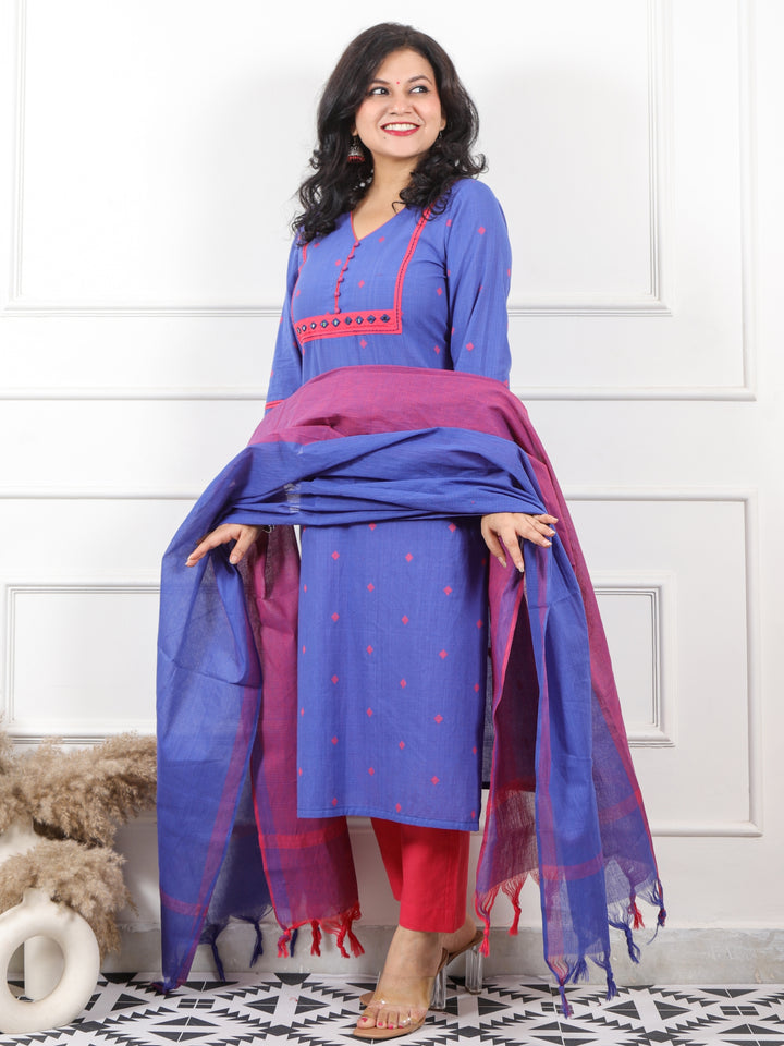 Iktara Electric Blue All Over Thread Weaved Handloom Cotton 3 Piece Set