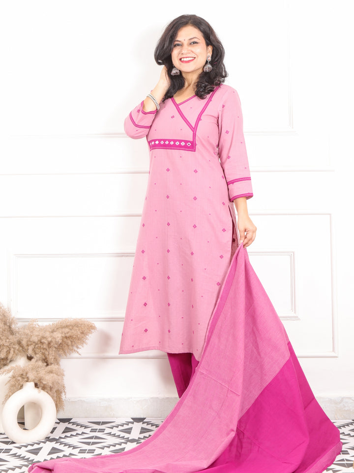 Iktaara Orchid Purple Angrakha Neck with Weaved Handloom Cotton 3 Piece Set