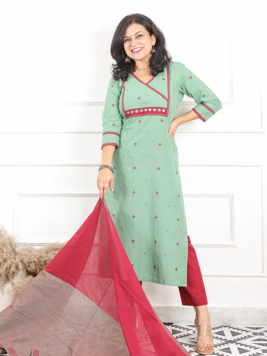 Iktaara Cyan Sage Angrakha Neck with Weaved Handloom Cotton 3 Piece Set