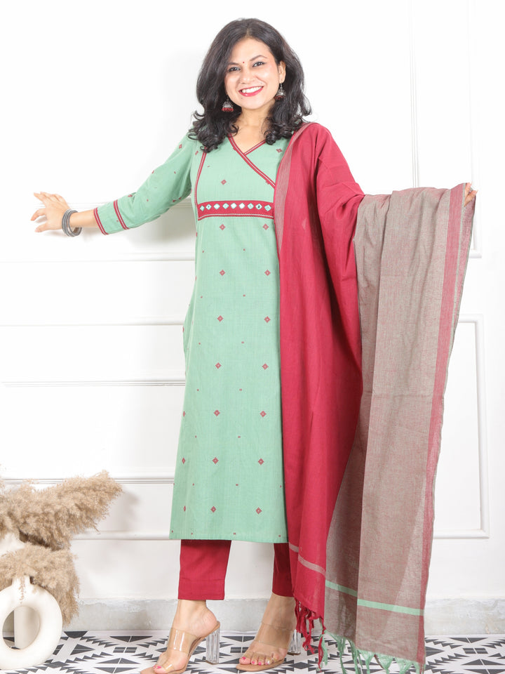 Iktaara Cyan Sage Angrakha Neck with Weaved Handloom Cotton 3 Piece Set