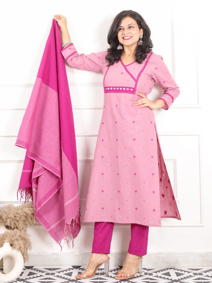 Iktaara Orchid Purple Angrakha Neck with Weaved Handloom Cotton 3 Piece Set