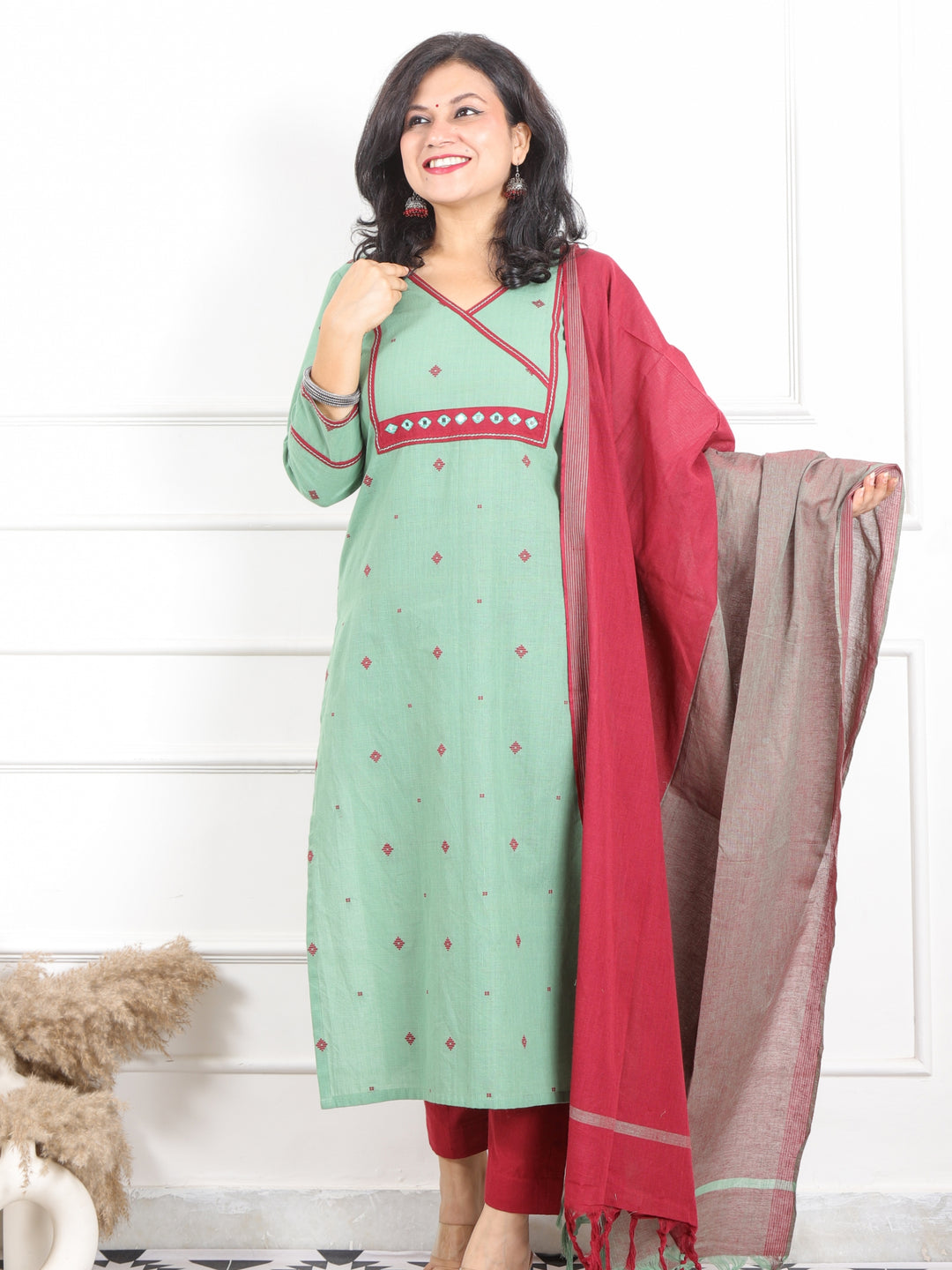 Iktaara Cyan Sage Angrakha Neck with Weaved Handloom Cotton 3 Piece Set