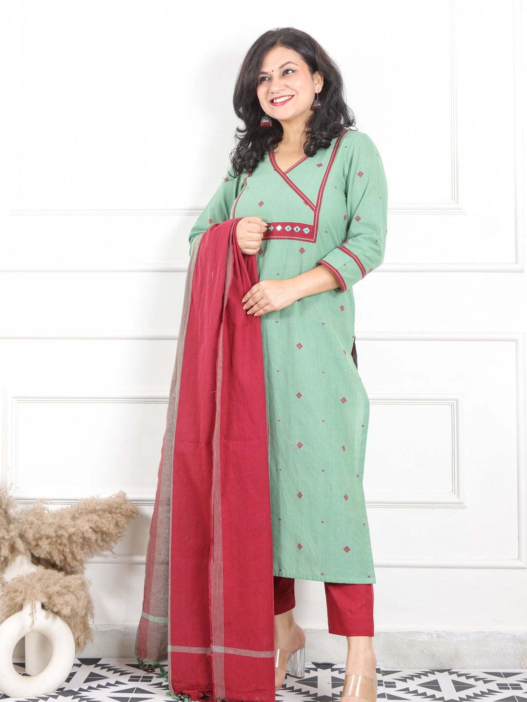 Iktaara Cyan Sage Angrakha Neck with Weaved Handloom Cotton 3 Piece Set