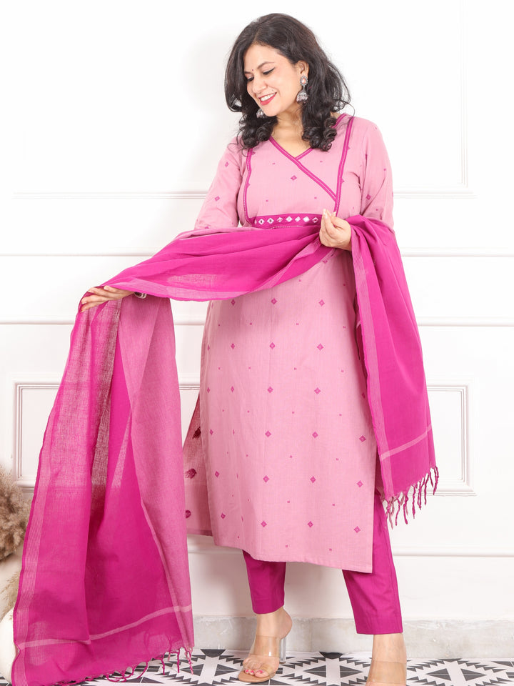 Iktaara Orchid Purple Angrakha Neck with Weaved Handloom Cotton 3 Piece Set