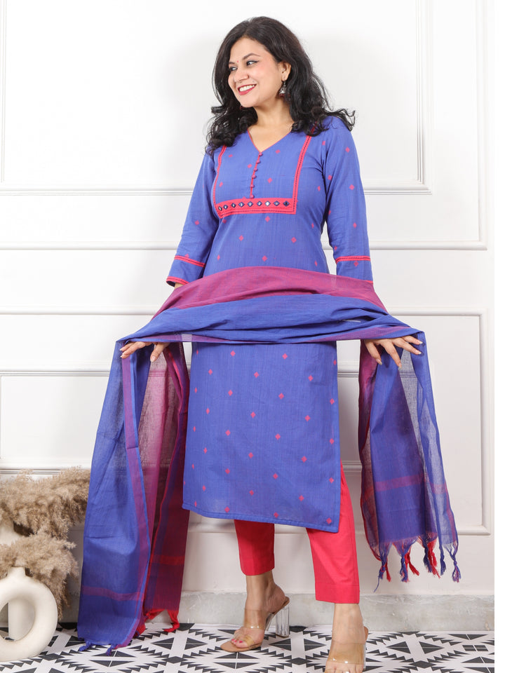 Iktara Electric Blue All Over Thread Weaved Handloom Cotton 3 Piece Set