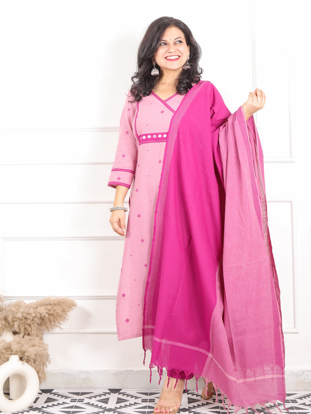 Iktaara Orchid Purple Angrakha Neck with Weaved Handloom Cotton 3 Piece Set