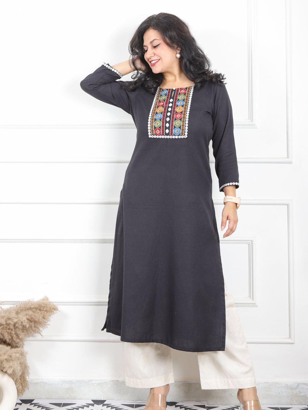 Rivaayi Coal Black Printed Kutch Patch Neck Cotton Flex Kurti-D2