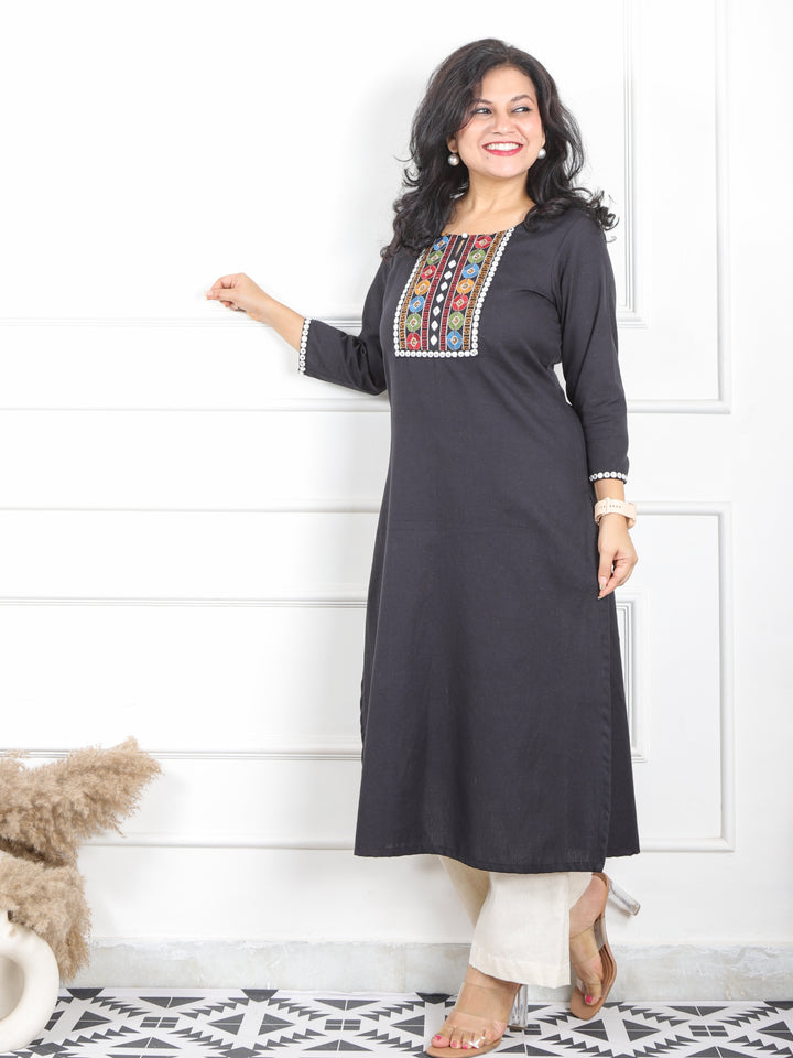 Rivaayi Coal Black Printed Kutch Patch Neck Cotton Flex Kurti-D2