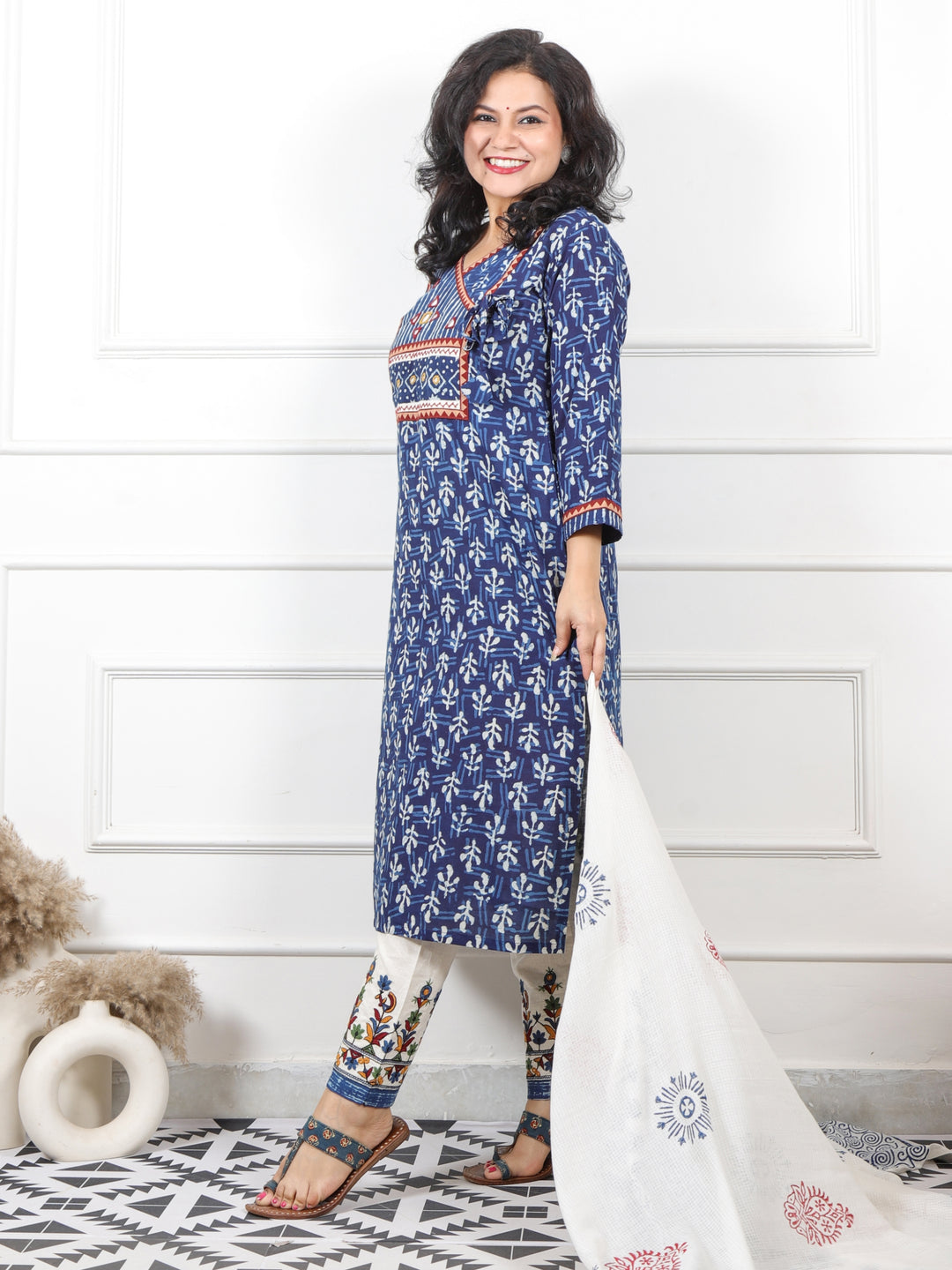 Iktara Indigo Blue Angrakha Neck with Mirror Work Dabu Print Cotton 3 Piece Set