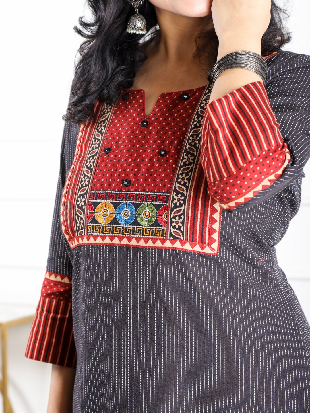 Rivaayi Raven Black Kutch Neck Work Kantha Cotton Kurti-D4