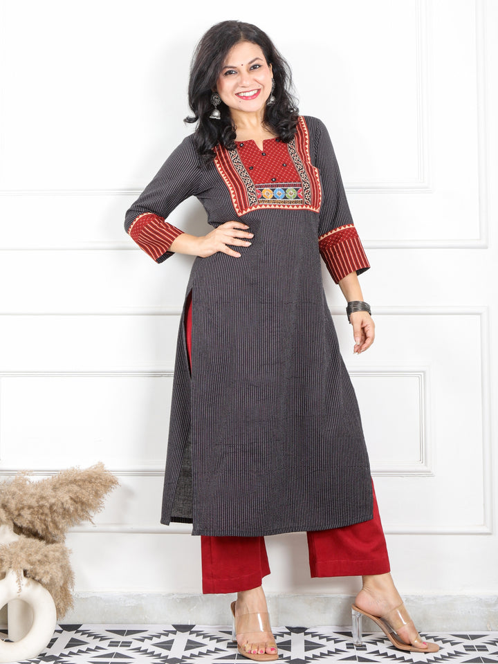 Rivaayi Raven Black Kutch Neck Work Kantha Cotton Kurti-D4