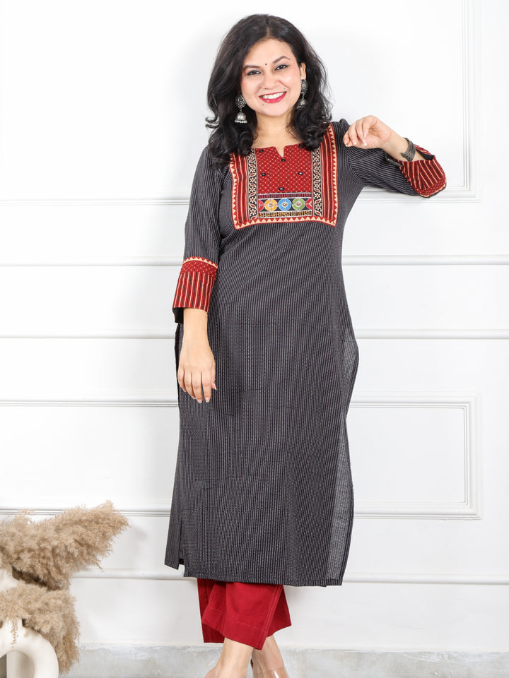 Rivaayi Raven Black Kutch Neck Work Kantha Cotton Kurti-D4