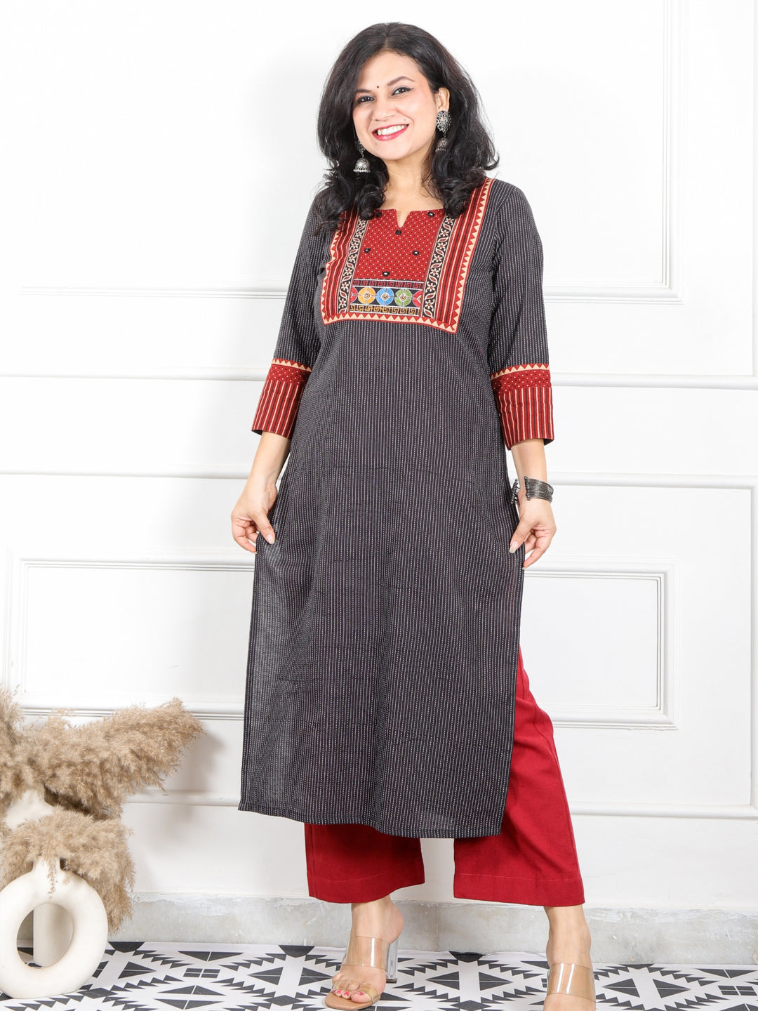 Rivaayi Raven Black Kutch Neck Work Kantha Cotton Kurti-D4