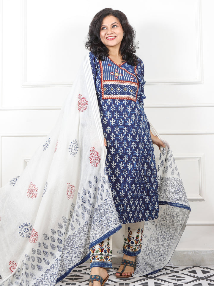 Iktara Indigo Blue Angrakha Neck with Mirror Work Dabu Print Cotton 3 Piece Set