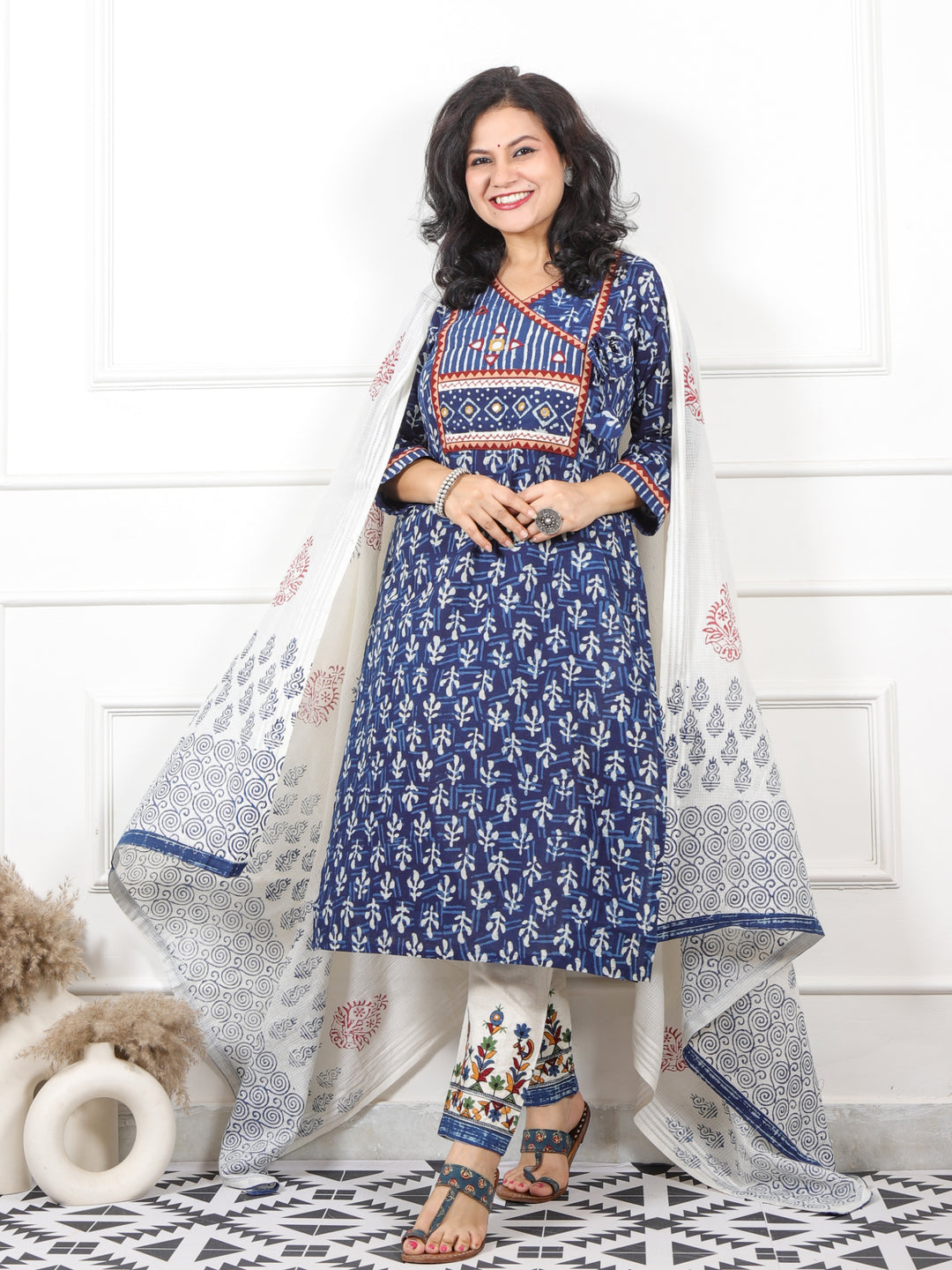 Iktara Indigo Blue Angrakha Neck with Mirror Work Dabu Print Cotton 3 Piece Set