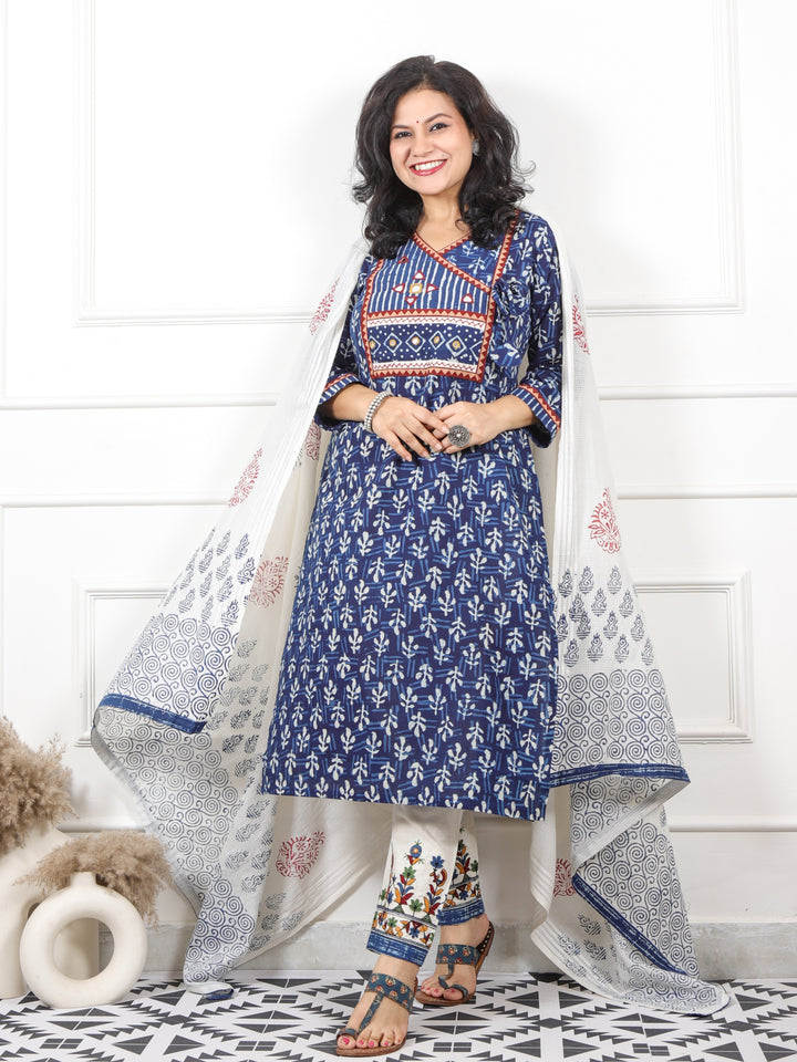 Iktara Indigo Blue Angrakha Neck with Mirror Work Dabu Print Cotton 3 Piece Set