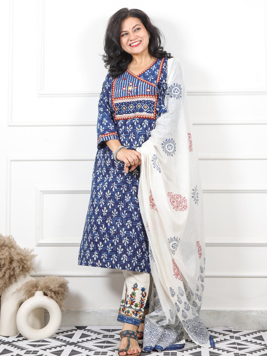 Iktara Indigo Blue Angrakha Neck with Mirror Work Dabu Print Cotton 3 Piece Set