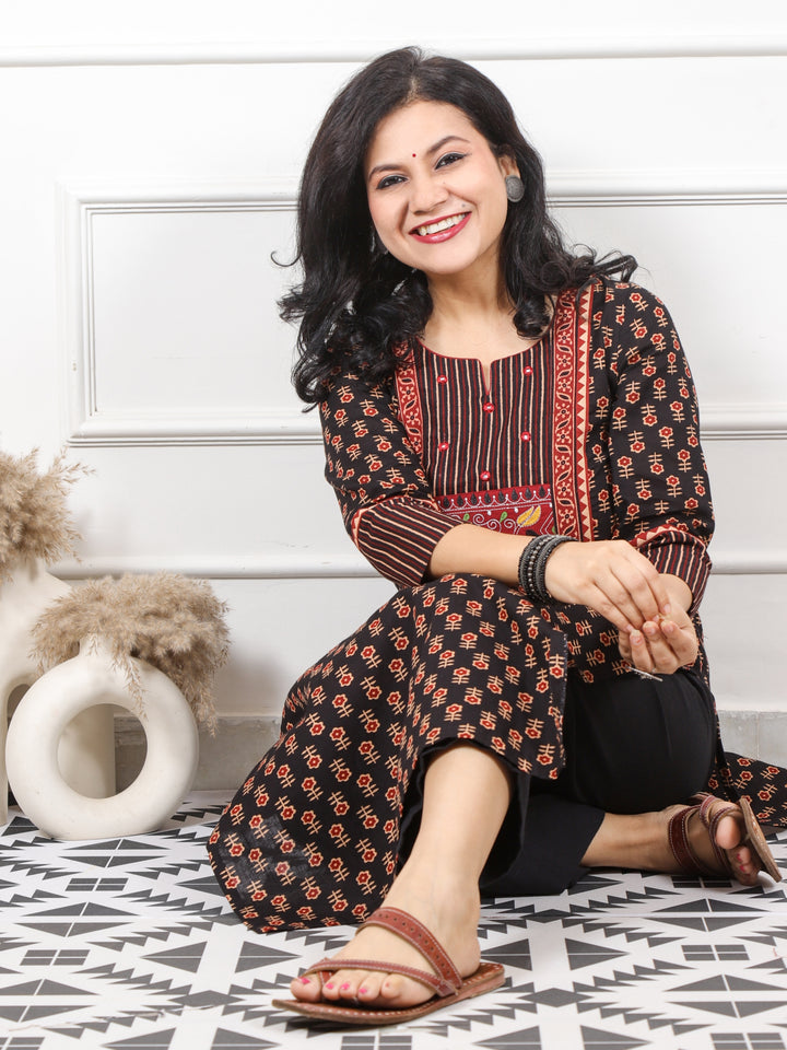 Rooh Clown Black Kutch Neck Yock with Mirrror Printed Cotton Kurti