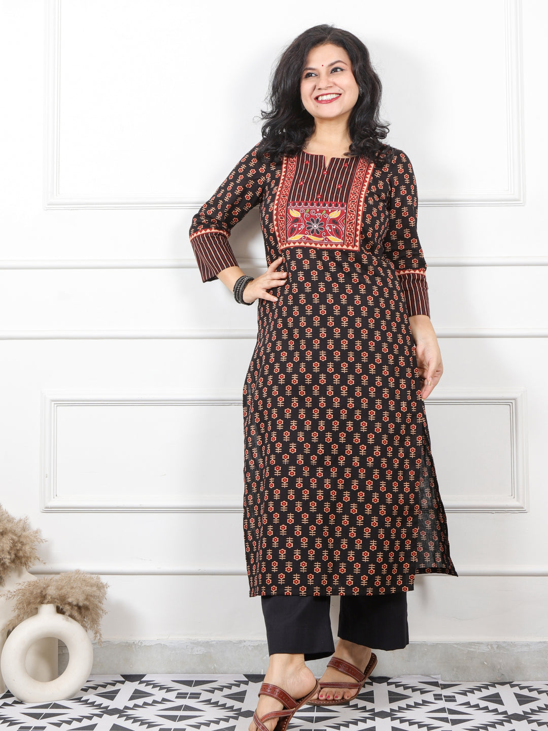 Rooh Clown Black Kutch Neck Yock with Mirrror Printed Cotton Kurti