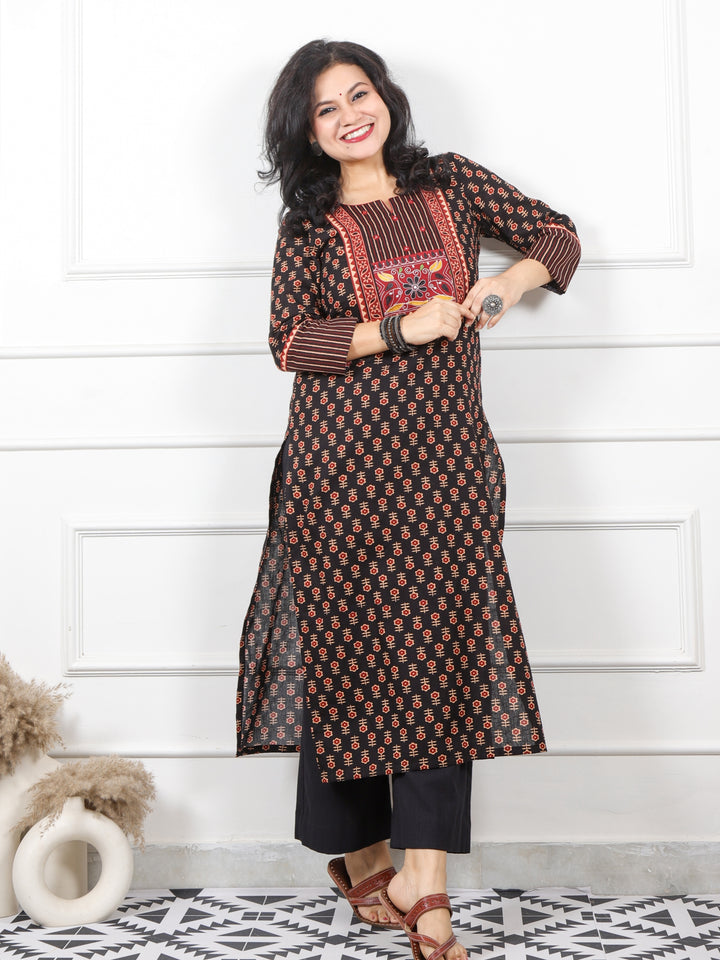 Rooh Clown Black Kutch Neck Yock with Mirrror Printed Cotton Kurti