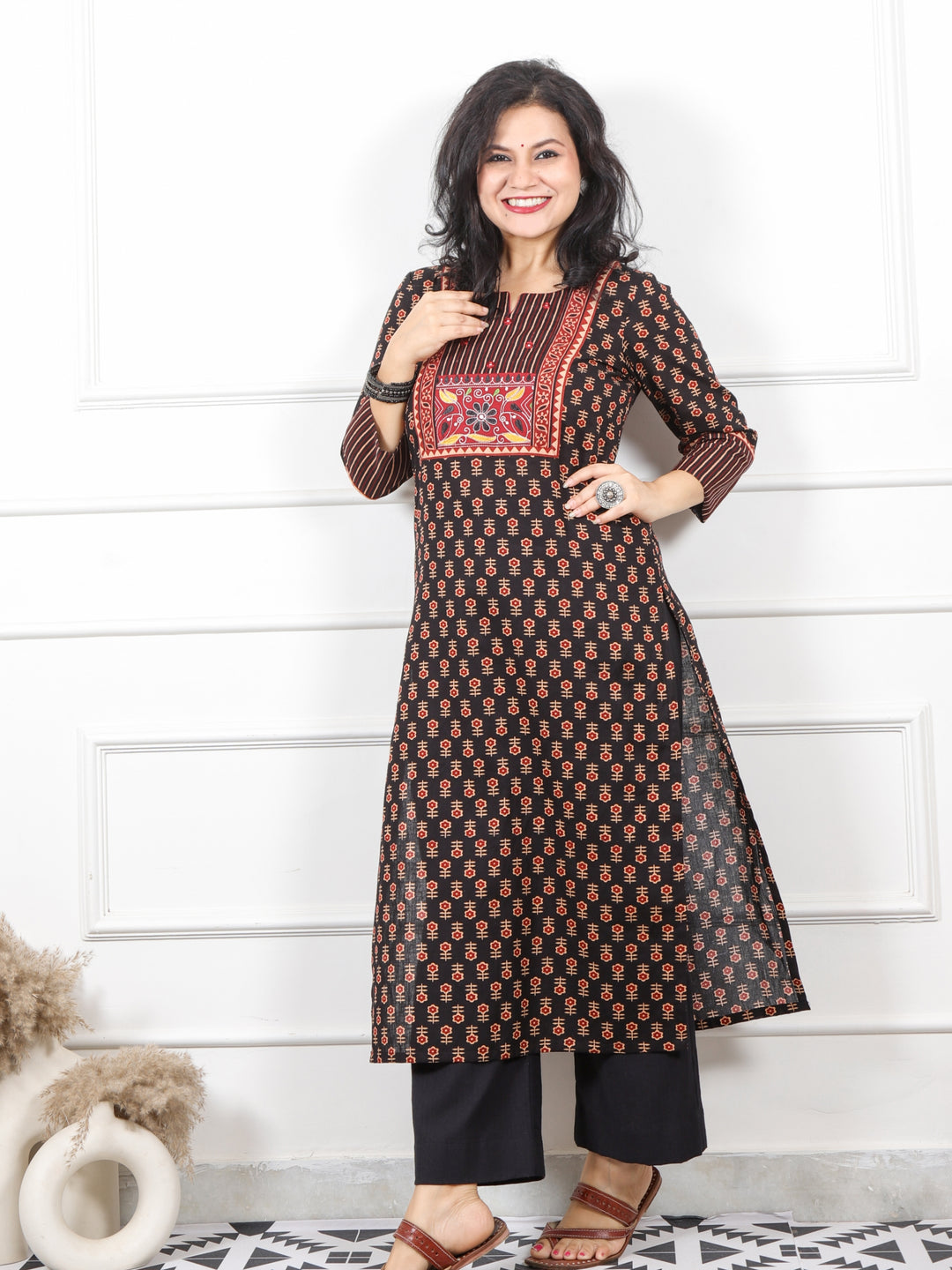 Rooh Clown Black Kutch Neck Yock with Mirrror Printed Cotton Kurti