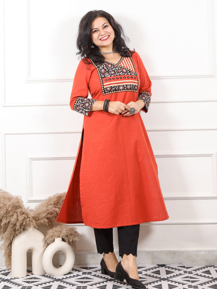 Ruhani Rust Orange Angrakha Style with Kutch Neck Cotton Flex Kurti