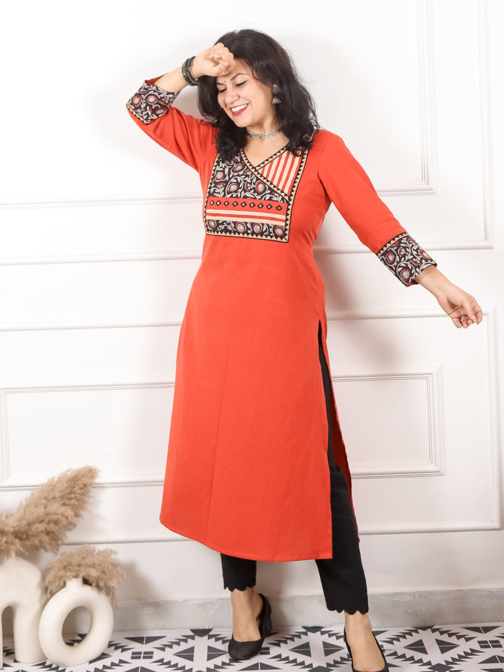 Ruhani Rust Orange Angrakha Style with Kutch Neck Cotton Flex Kurti