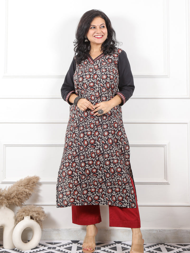 Rooh Shadow Black Kalamkari Printed V Mirror Lace Neck Cotton Kurti