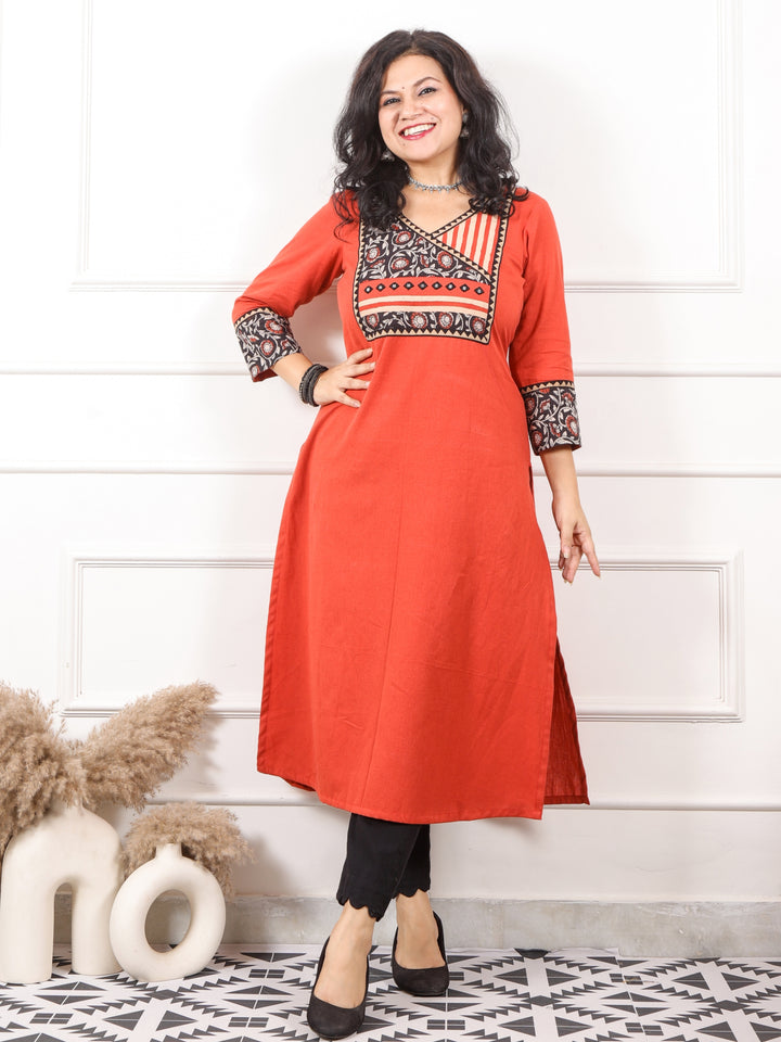 Ruhani Rust Orange Angrakha Style with Kutch Neck Cotton Flex Kurti