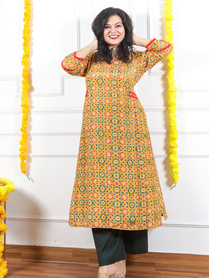 Zeenat Turmeric Yellow V Neck Lace Printed Soft Premium Muslin Kurti