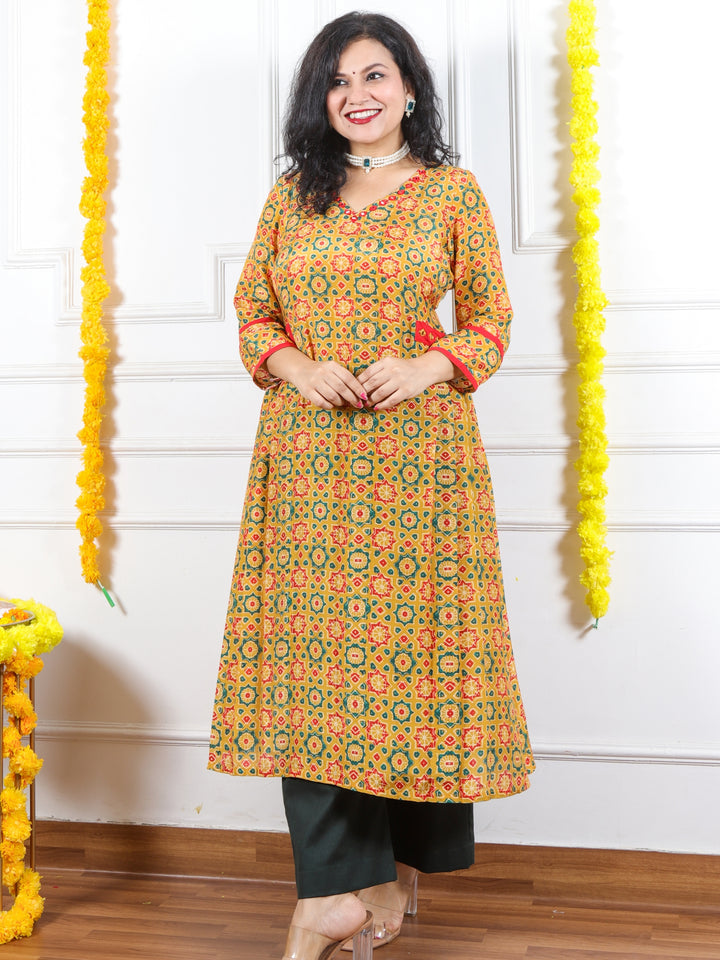 Zeenat Turmeric Yellow V Neck Lace Printed Soft Premium Muslin Kurti