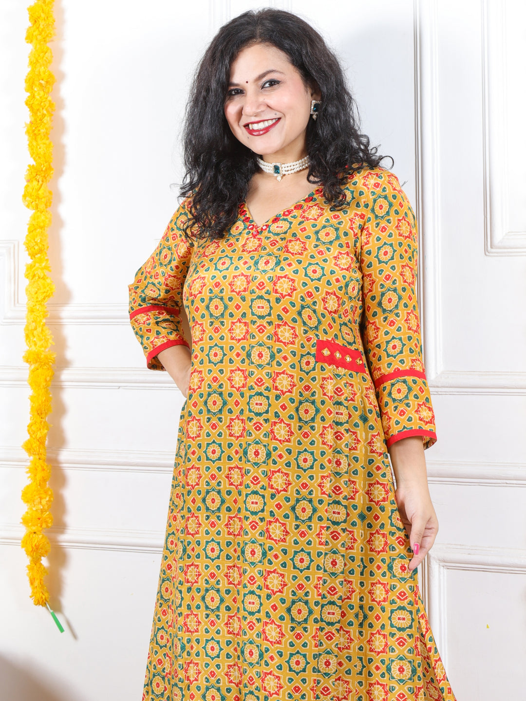 Zeenat Turmeric Yellow V Neck Lace Printed Soft Premium Muslin Kurti