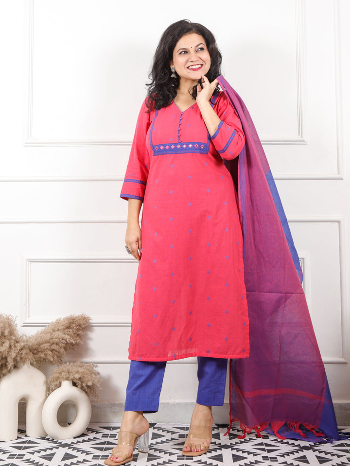 Iktara Neon Pink All Over Thread Weaved Handloom Cotton 3 Piece Set