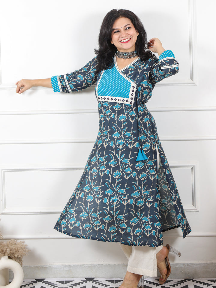 Zeenat Midnight Blue Angrakha Neck Printed Soft Premium Muslin Kurti