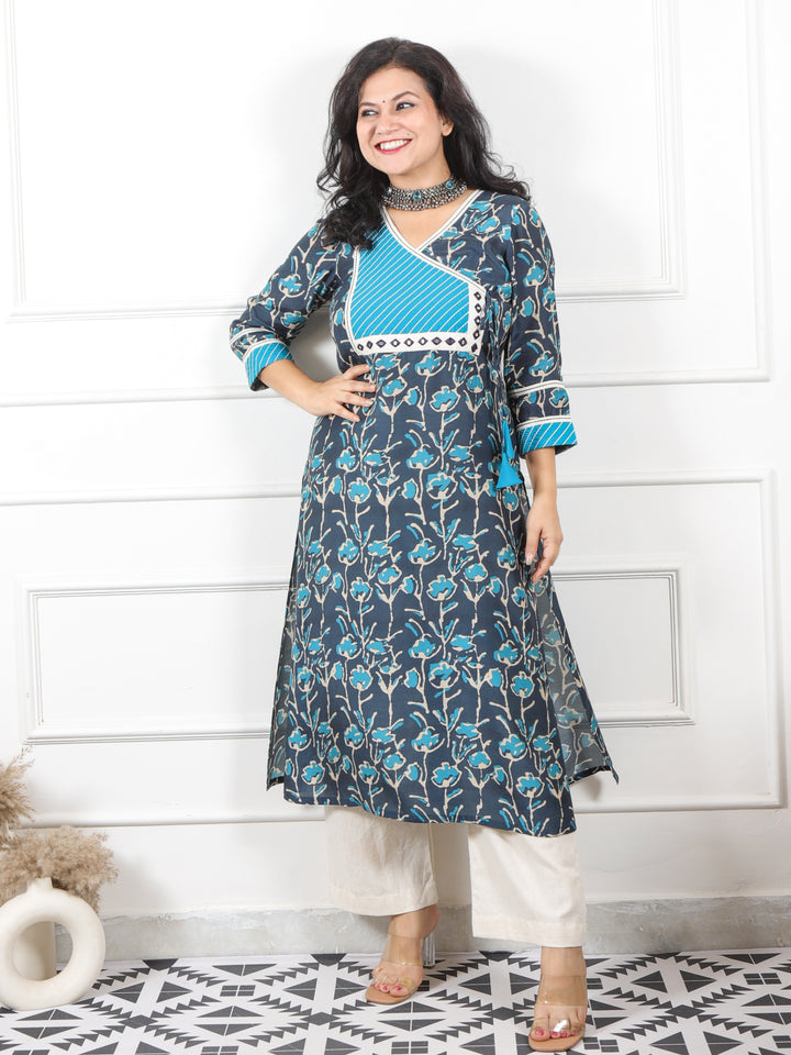 Zeenat Midnight Blue Angrakha Neck Printed Soft Premium Muslin Kurti