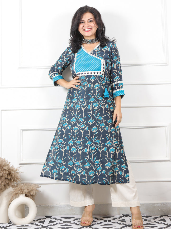 Zeenat Midnight Blue Angrakha Neck Printed Soft Premium Muslin Kurti