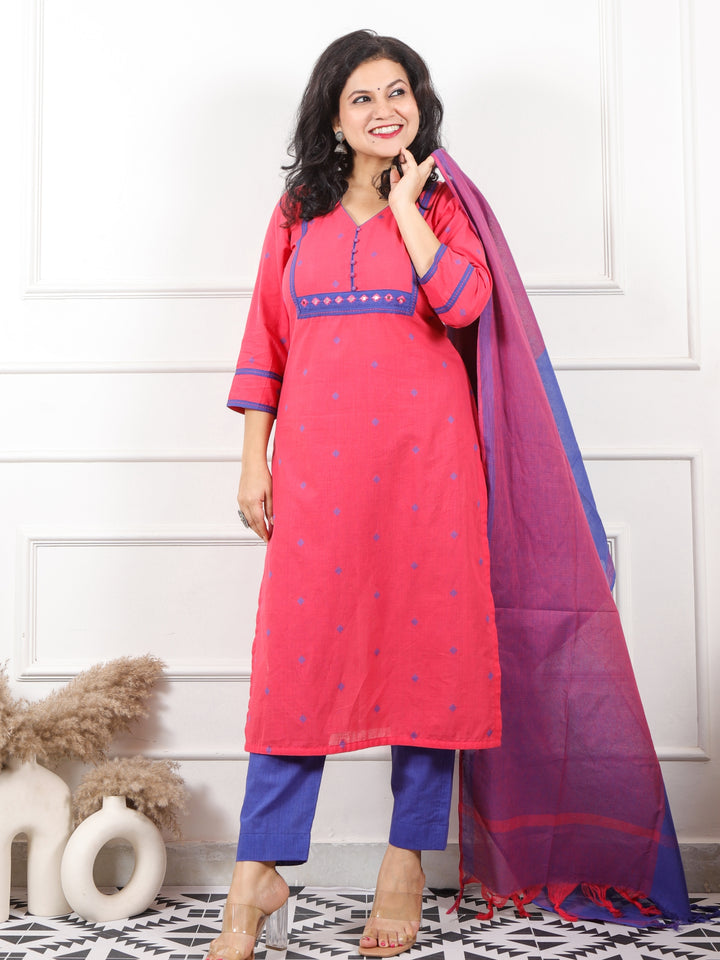 Iktara Neon Pink All Over Thread Weaved Handloom Cotton 3 Piece Set